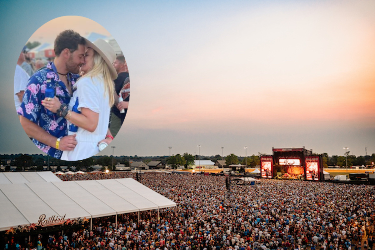 Aerial shot of the 2023 Railbird Festival and a screenshot of the kiss in question