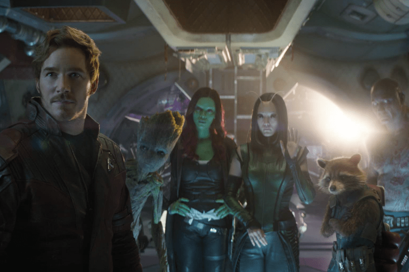 Vin Diesel, Bradley Cooper, Chris Pratt, Zoe Saldana, Dave Bautista, and Pom Klementieff in Avengers: Infinity War (2018)