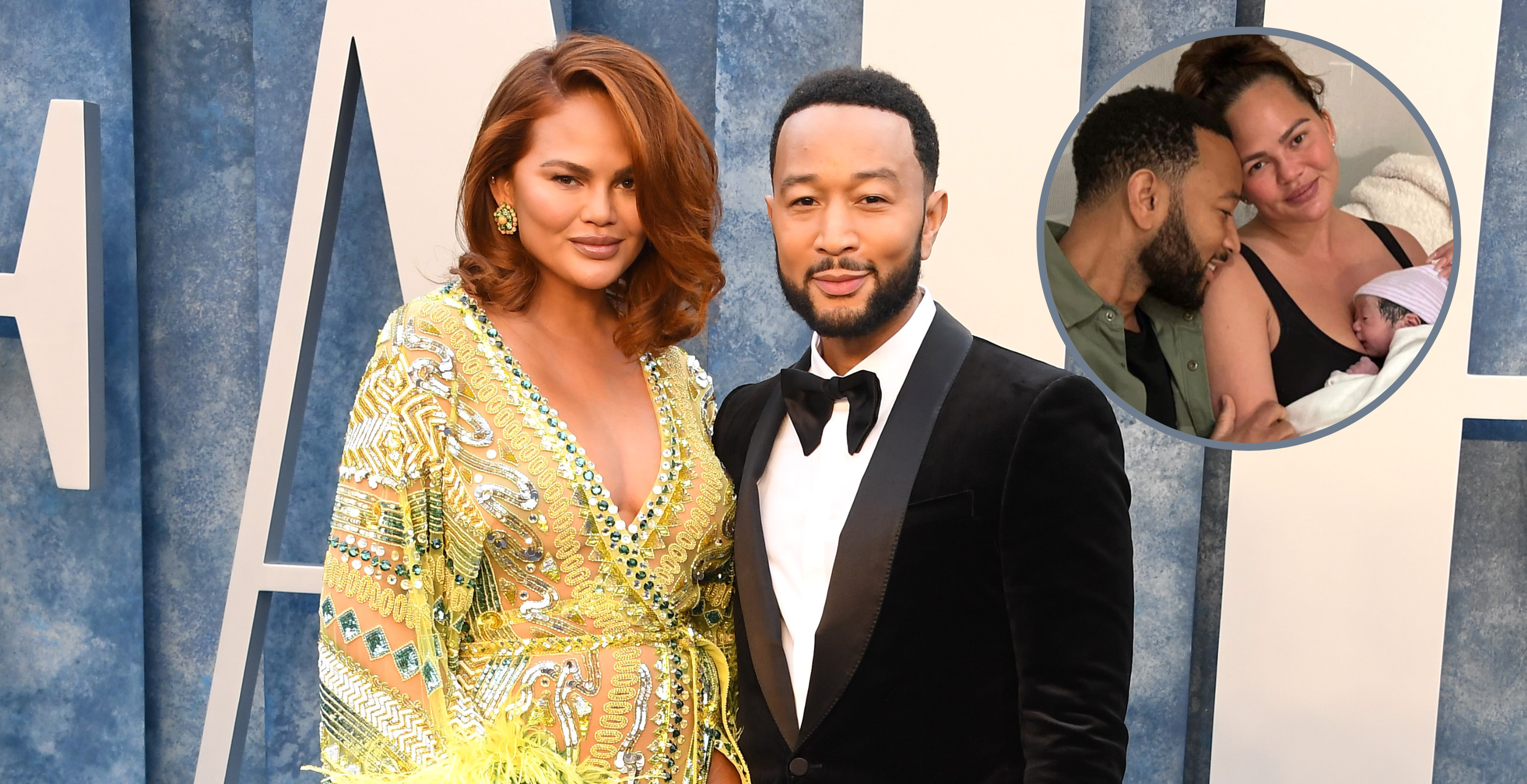 Chrissy Teigen, John Legend arrives at the Vanity Fair Oscar Party Hosted By Radhika Jones at Wallis Annenberg Center for the Performing Arts on March 12, 2023 in Beverly Hills, California.