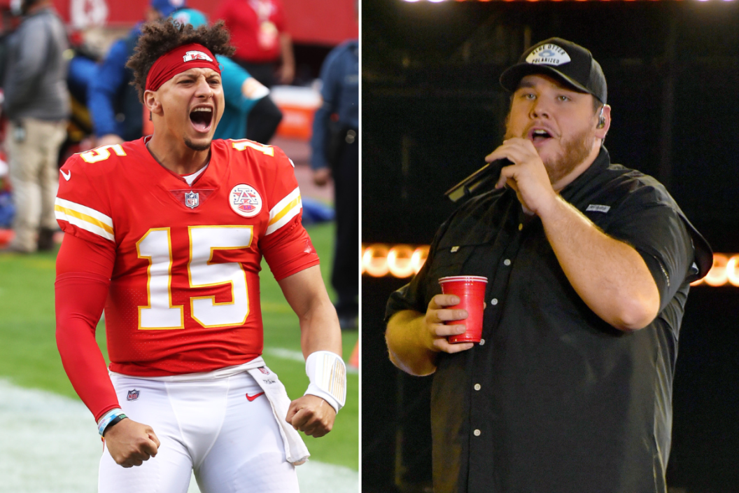 KANSAS CITY, MISSOURI - OCTOBER 05: Patrick Mahomes #15 of the Kansas City Chiefs is introduced before the game against the New England Patriots at Arrowhead Stadium on October 05, 2020 in Kansas City, Missouri and NASHVILLE, TN - NOVEMBER 14: (FOR EDITORIAL USE ONLY) Recording artist Luke Combs performs onstage during the 52nd annual CMA Awards at the Bridgestone Arena on November 14, 2018 in Nashville, Tennessee.