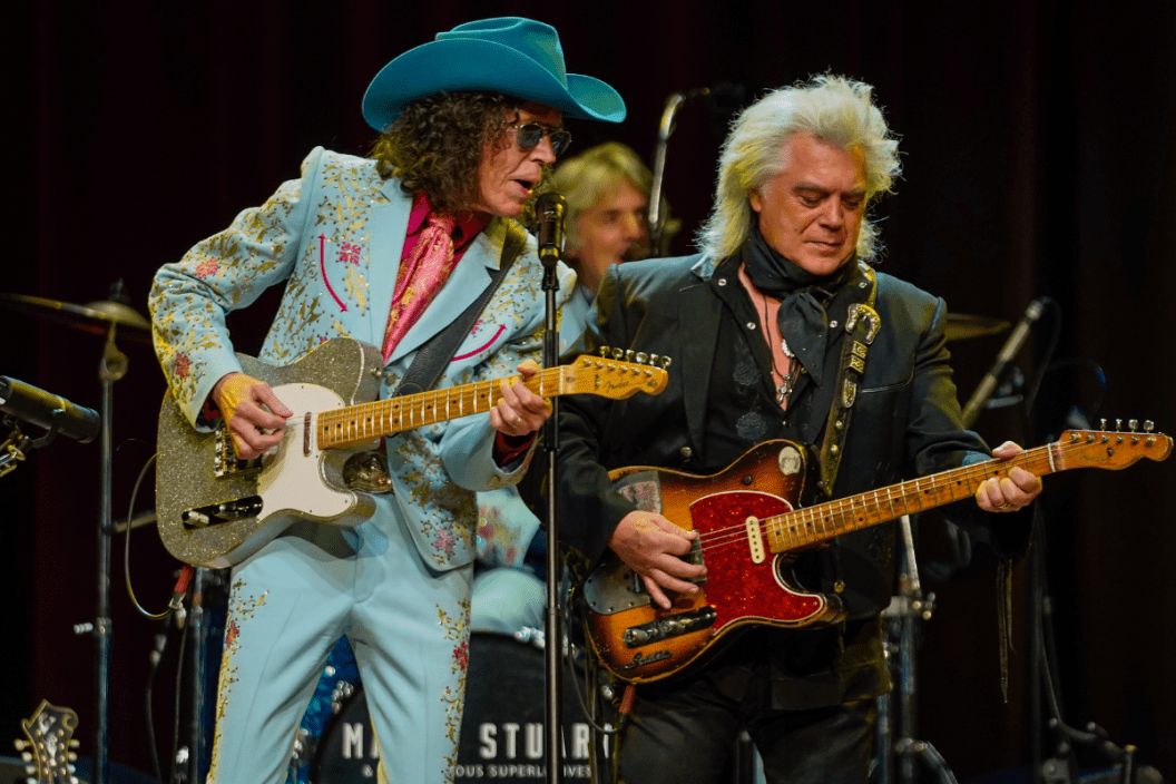 Cousin Kenny Vaughn and Marty Stuart of Marty Stuart and his Fabulous Superlatives perform at Ryman Auditorium on June 08, 2022 in Nashville, Tennessee.