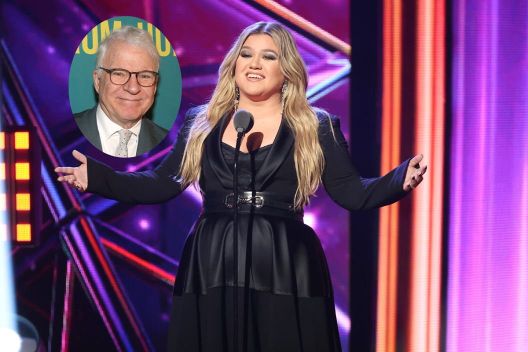 HOLLYWOOD, CALIFORNIA - MARCH 27: Kelly Clarkson speaks onstage during the 2023 iHeartRadio Music Awards at Dolby Theatre on March 27, 2023 in Hollywood, California and NEW YORK, NEW YORK - FEBRUARY 09: Steve Martin and Martin Short pose at the opening night of the play "Pictures From Home" on Broadway at The Studio 54 Theater on February 9, 2023 in New York City.
