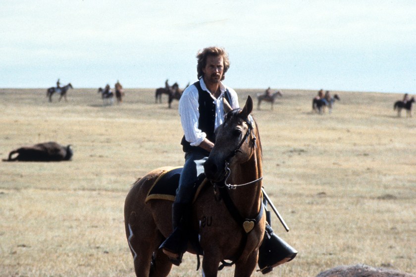 Kevin Costner riding a horse on a wide open plain in a scene from the film 'Dances With Wolves', 1990.