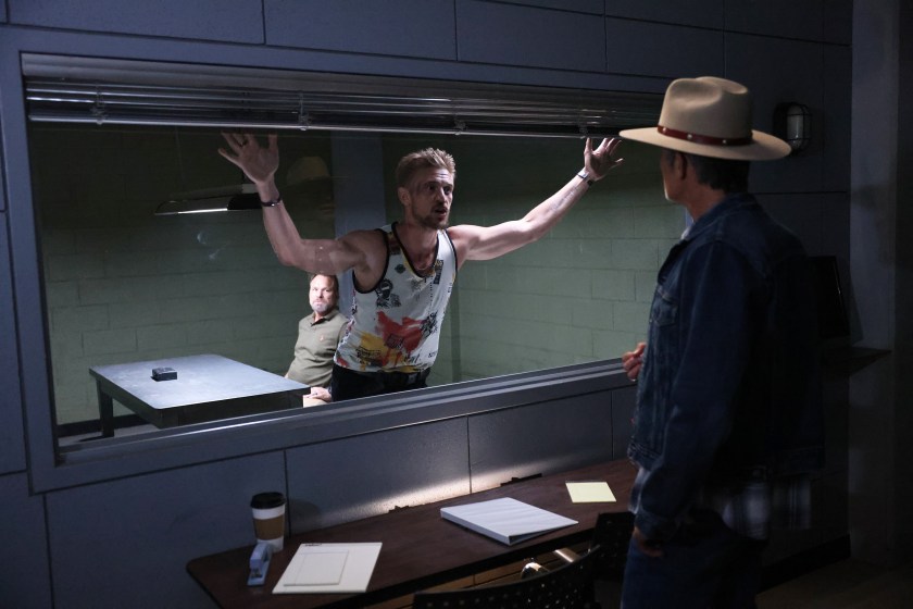 JUSTIFIED: CITY PRIMEVAL "Backstabbers" Episode 3 (Airs Tuesday, July 25) Pictured: (l-r) Norbert Leo Butz as Norbert Bryl, Boyd Holbrook as Clement Mansell, Timothy Olyphant as Raylan Givens. 