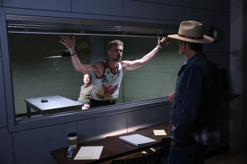 JUSTIFIED: CITY PRIMEVAL "Backstabbers" Episode 3 (Airs Tuesday, July 25) Pictured: (l-r) Norbert Leo Butz as Norbert Bryl, Boyd Holbrook as Clement Mansell, Timothy Olyphant as Raylan Givens.