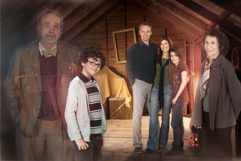 Nicholas Stargel stars as Oliver McCaffrey, an intelligent boy who befriends the angry ghost of Clive Rutledge (Martin Mull), whose painful secret of his past causes him to haunt the new McCaffrey home. From left to right: Martin Mull, Nicholas Stargel, Cameron Daddo, Bridget Ann White, Daniela Bobadilla and Rhea Perlman.