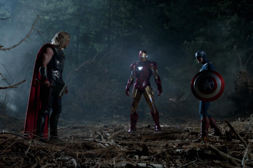 Robert Downey Jr., Chris Evans, and Chris Hemsworth in The Avengers (2012)