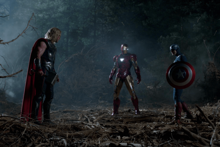 Robert Downey Jr., Chris Evans, and Chris Hemsworth in The Avengers (2012)