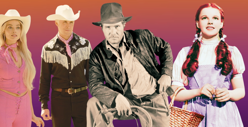 Margot Robbie and Ryan Gosling in "Barbie"/ Harrison Ford in "Raiders of the Lost Ark"/ Judy Garland in "The Wizard of Oz"