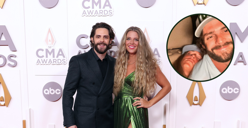 NASHVILLE, TENNESSEE - NOVEMBER 09: Thomas Rhett and Lauren Akins attend the 56th Annual CMA Awards at Bridgestone Arena on November 09, 2022 in Nashville, Tennessee and screengrab from Rhett's Twitter account,