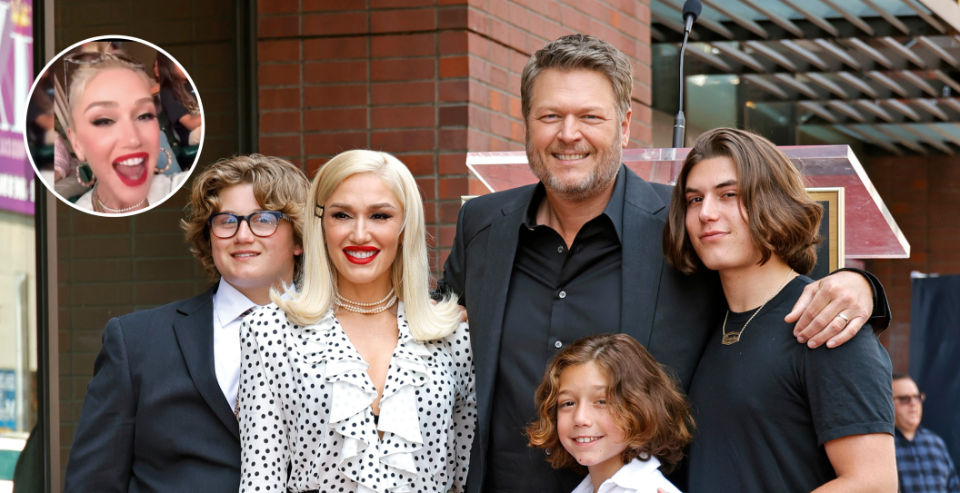 HOLLYWOOD, CALIFORNIA - MAY 12: (L-R) Zuma Rossdale, Gwen Stefani, Blake Shelton, Apollo Rossdale, and Kingston Rossdale attend Blake Shelton's Star Ceremony on The Hollywood Walk Of Fame on May 12, 2023 in Hollywood, California and screengrab from Stefani's Instagram (via ET Online)