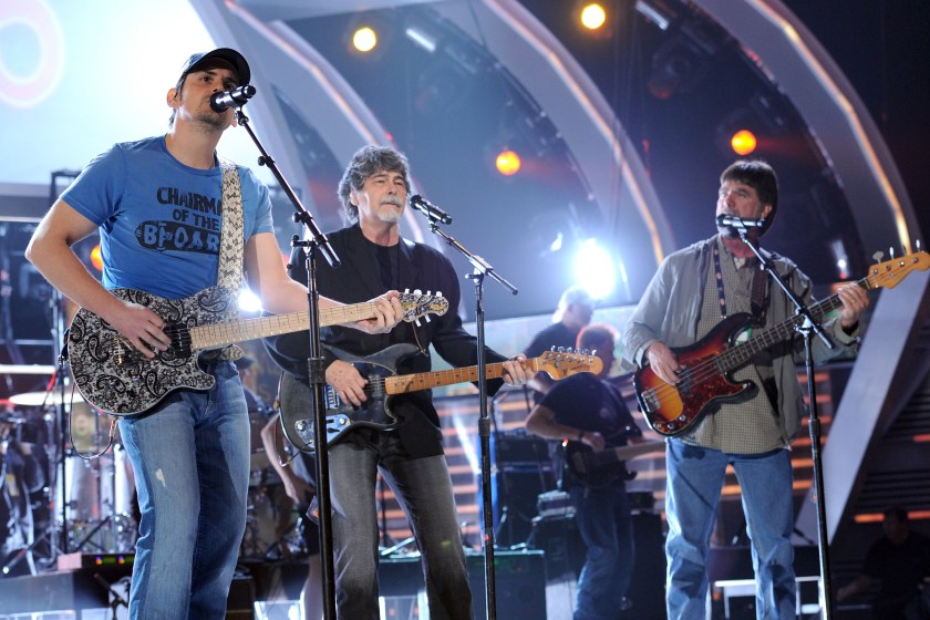 LAS VEGAS, NV - APRIL 02: Musician Brad Paisley, and musicians Randy Owen and Teddy Gentry from the band Alabama perform during rehearsals for the 46th Annual Academy Of Country Music Awards held at the MGM Grand Garden Arena on April 2, 2011 in Las Vegas, Nevada.
