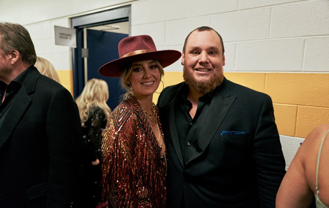 NASHVILLE, TENNESSEE - NOVEMBER 09: (EDITORS NOTE: Image has been converted to black and white.) Lainey Wilson and Luke Combs attend the 56th Annual Country Music Association Awards at Bridgestone Arena on November 09, 2022 in Nashville, Tennessee.