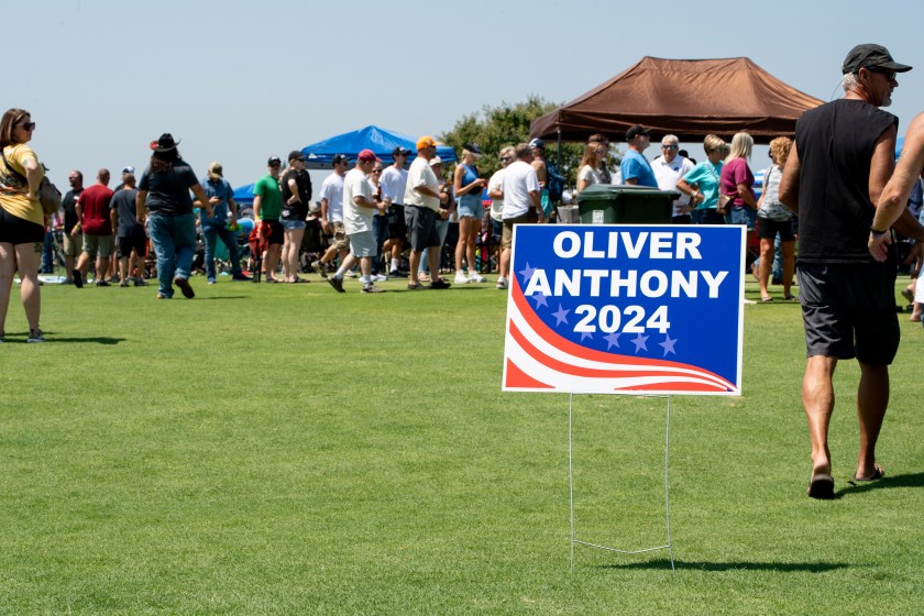 Oliver Anthony 2024 sign at the Oliver Anthony concert at the Eagle Creek Golf Club on August 19, 2023 in Moyock, North Carolina 