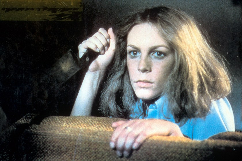 Jamie Lee Curtis holds a knife in a scene from the film 'Halloween', 1978.