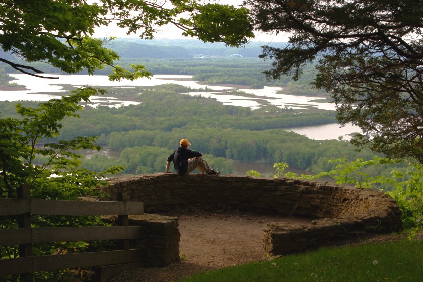 Shot at the Bluffs overlooking the meeting of the Mississippi and Wisconsin Rivers. Note boy sitting near center of picture.