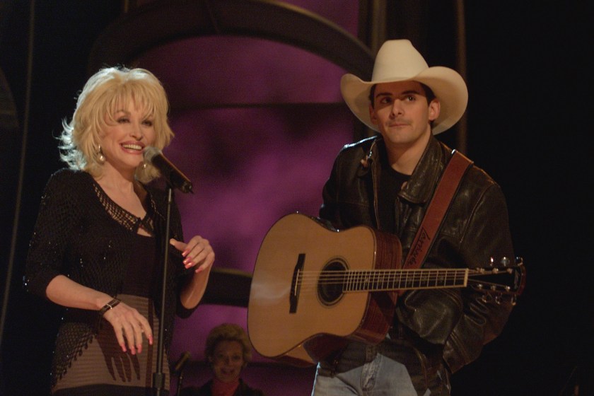 Country Music Singers, Dolly Parton and Brad Paisley during rehearsals at Staples Center for the 43rd Annual Grammys 2001 in Los Angeles, CA. February 19, 2001