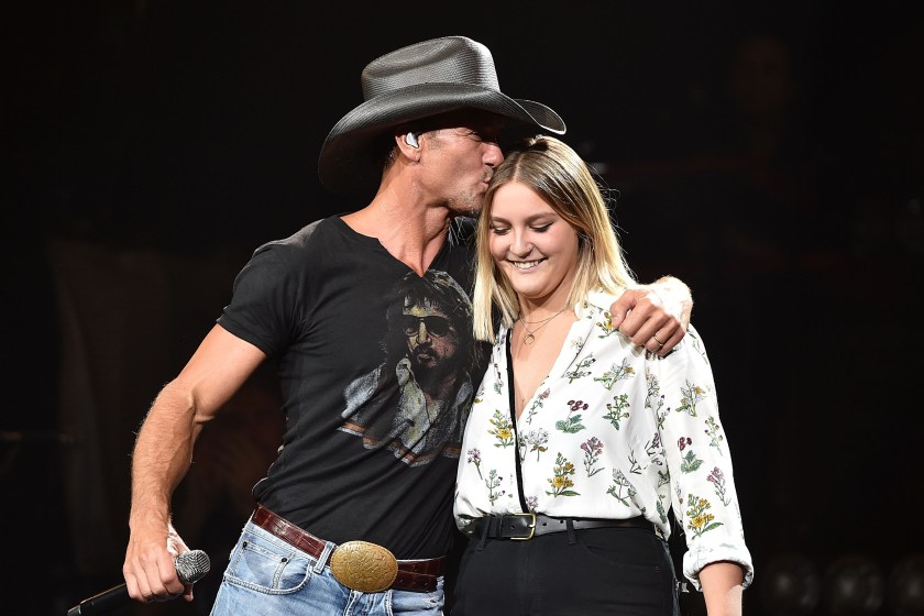NASHVILLE, TN - AUGUST 15: Musician Tim McGraw, left, performs with his daughter Gracie McGraw on the "Shotgun Rider" tour at Bridgestone Arena on August 15, 2015 in Nashville, Tennessee.