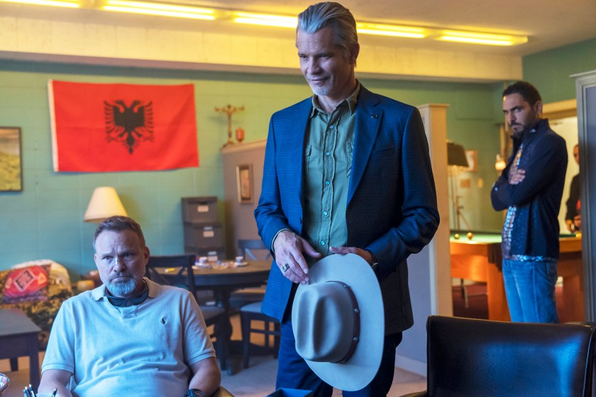 JUSTIFIED: CITY PRIMEVAL "Kokomo" Episode 4 (Airs Tuesday, August 1) Pictured: (l-r) Norbert Leo Butz as Norbert Bryl, Timothy Olyphant as Raylan Givens. 