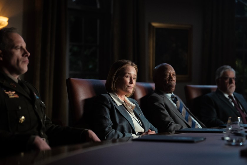 L-R Charley Tucker as Army Joint Chief, Jennifer Ehle as Chief of Staff Mason, Morgan Freeman as Secretary of State Mullins, and Bruce McGill as NSA Advisor Hollar In Special Ops: Lioness, episode 6, season 1, streaming on Paramount+, 2023.