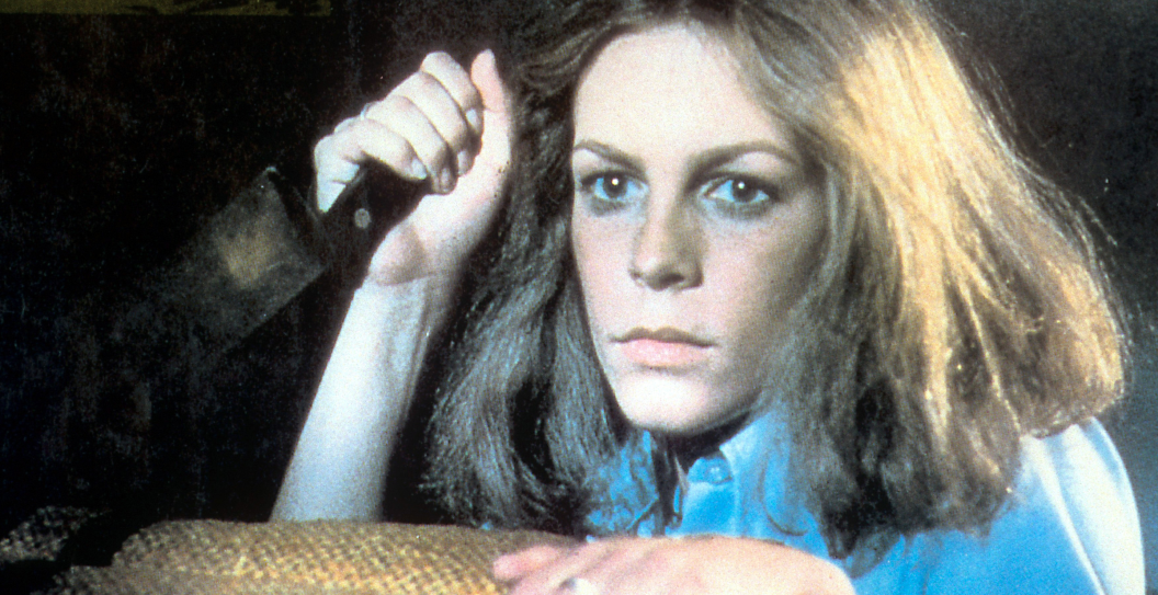 Jamie Lee Curtis holds a knife in a scene from the film 'Halloween', 1978.