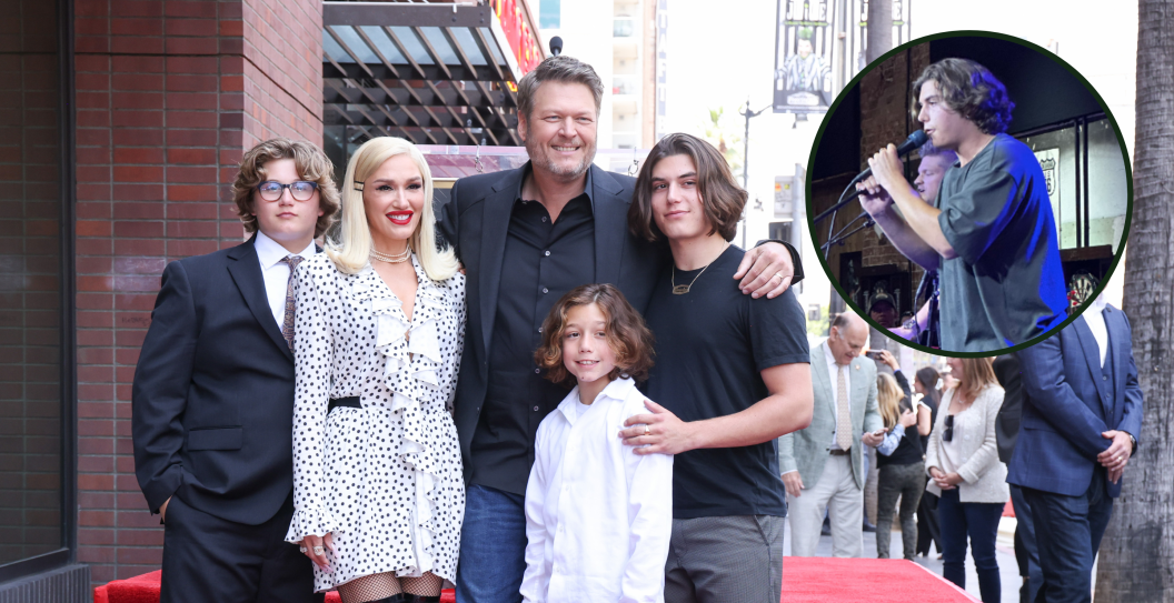 Zuma Rossdale, Gwen Stefani, Blake Shelton, Apollo Rossdale at the star ceremony where Blake Shelton is honored with a star on the Hollywood Walk of Fame on May 12, 2023 in Los Angeles, California plus a screengrab of Kingston Rossdale's live music debut