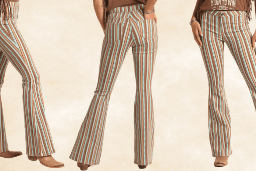 Screengrabs of Rock & Roll Denim's high rise extra stretch flare pants