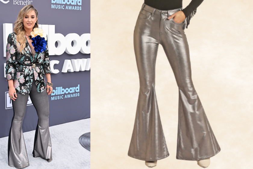 LAS VEGAS, NEVADA - MAY 15: Lainey Wilson attends the 2022 Billboard Music Awards at MGM Grand Garden Arena on May 15, 2022 in Las Vegas, Nevada and screengrab of Rock & Roll Denim's ILVER EXTRA STRETCH HIGH RISE BELL BOTTOM PANTS