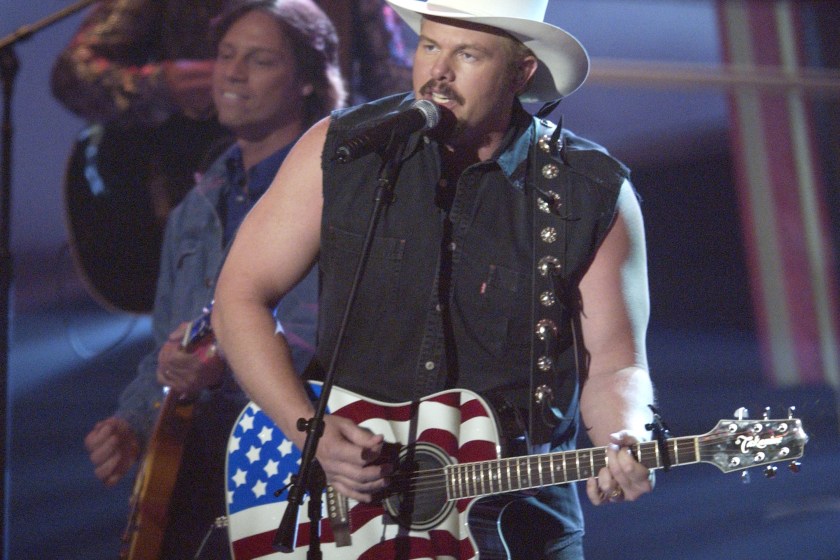 Toby Keith performs "Courtesy of the Red, White and Blue" at the 37th Academy of Country Music Awards at the Universal Amphiteater May 22, 2002. 