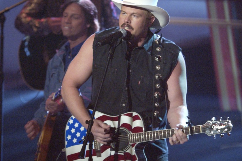 Toby Keith performs "Courtesy of the Red, White and Blue" at the 37th Academy of Country Music Awards at the Universal Amphiteater May 22, 2002.