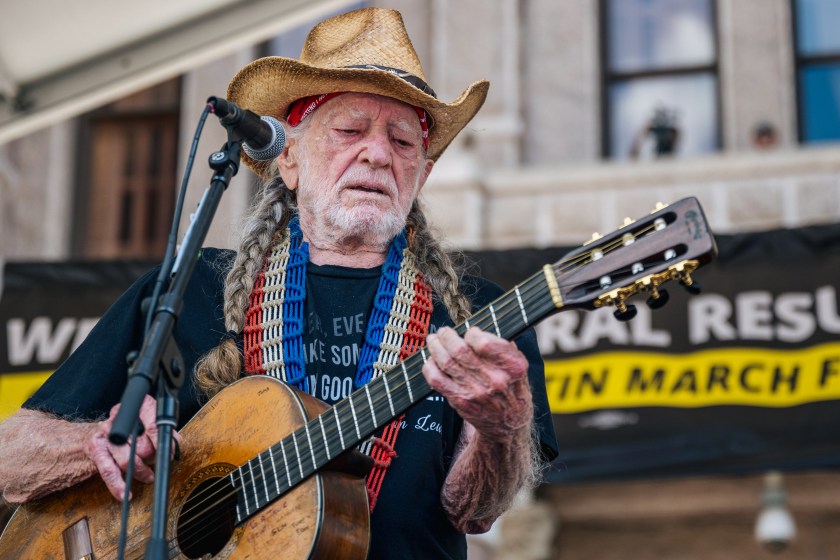 AUSTIN, TEXAS - JULY 31: Musician Willie Nelson performs during the Georgetown to Austin March for Democracy rally on July 31, 2021 in Austin, Texas. Texas activists and demonstrators rallied at the Texas state Capitol after completing a 27-mile long march, from Georgetown to Austin, demanding federal action on voting rights legislation. 