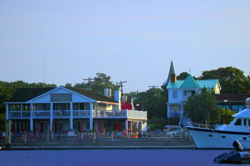 Quaint waterfront of Beaufort, North Carolina, photographed from water.