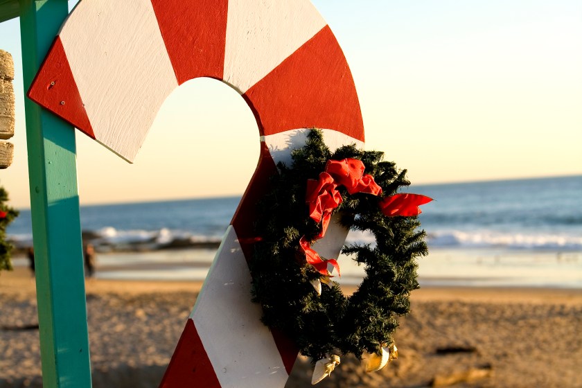 Candy cane decortation at a beach cottage.