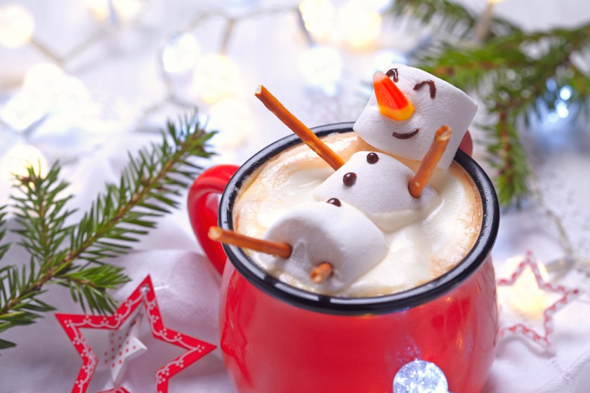 Marshmallow snowman in hot chocolate mug