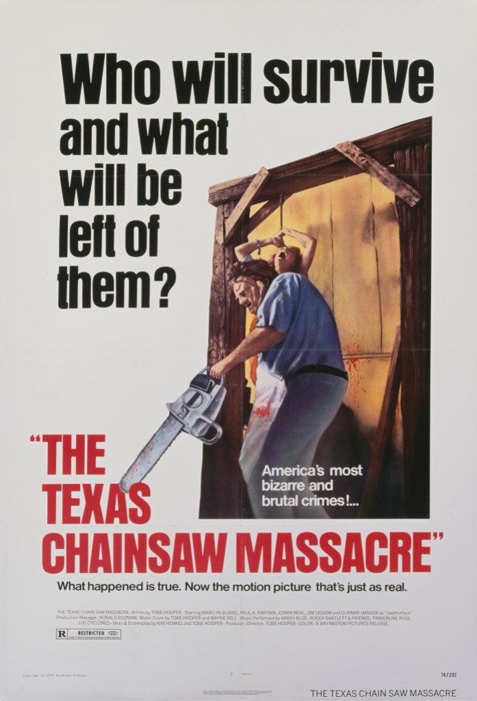 A poster for Tobe Hooper's 1974 horror film 'The Texas Chain Saw Massacre' starring Gunnar Hansen.