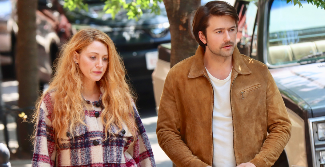 Blake Lively and Brandon Sklenar are seen on the set of "It Ends With Us" on May 18, 2023 in Hoboken, New Jersey