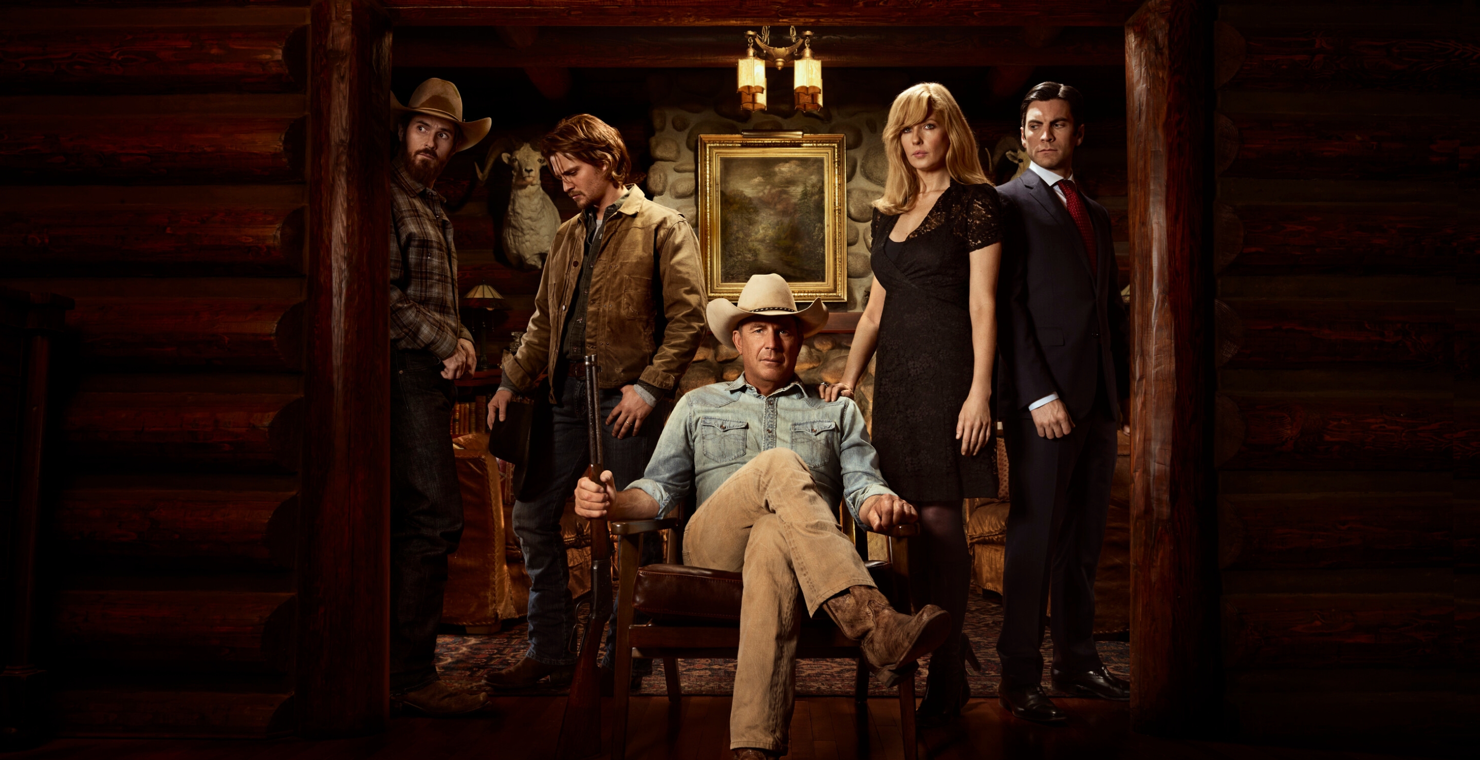 Cole Hauser as Rip Wheeler, Luke Grimes as Kayce Dutton, Kevin Costner as John Dutton, Kelly Reilly as Beth Dutton, Wes Bentley as Jamie Dutton in the Yellowstone series premiere