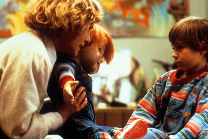 Actress Catherine Hicks and child actor Alex Vincent with Chucky in a scene from the film 'Child's Play', 1988. 