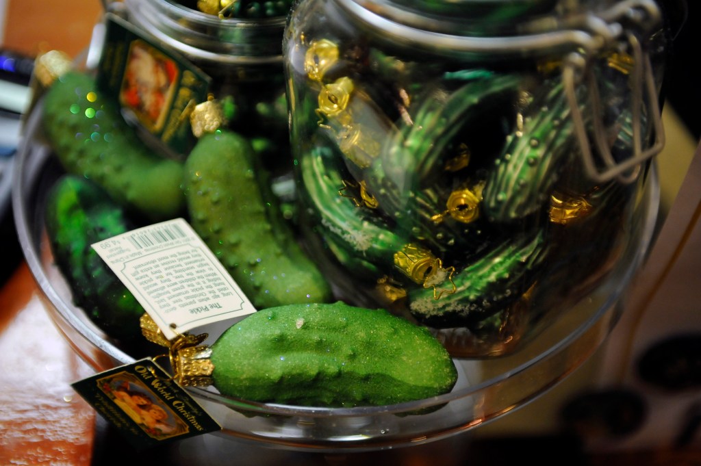 ALEXANDRIA, VA - October 26, 2011: Pickle ornaments are seen at The Christmas Attic on Wednesday October 26, 2011 in Alexandria, VA. The store features Christmas items year round.