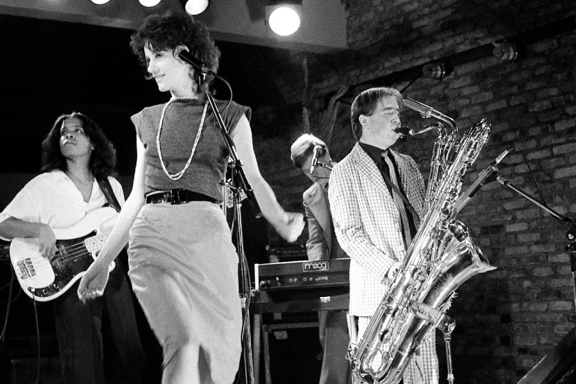 (L-R) Bass guitarist Tracy Wormworth, lead singer Patty Donahue (1956 - 1996), keyboardist Dan Klayman and jazz and rock saxophonist Mars Williams, of the American new wave band The Waitresses, perform on stage at The Peppermint Lounge, New York, New York, October 14, 1981.