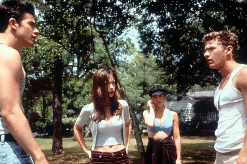 Freddie Prinze Jr having a confrontation with a man as Jennifer Love Hewitt watches in a scene from the film 'I Know What You Did Last Summer',.