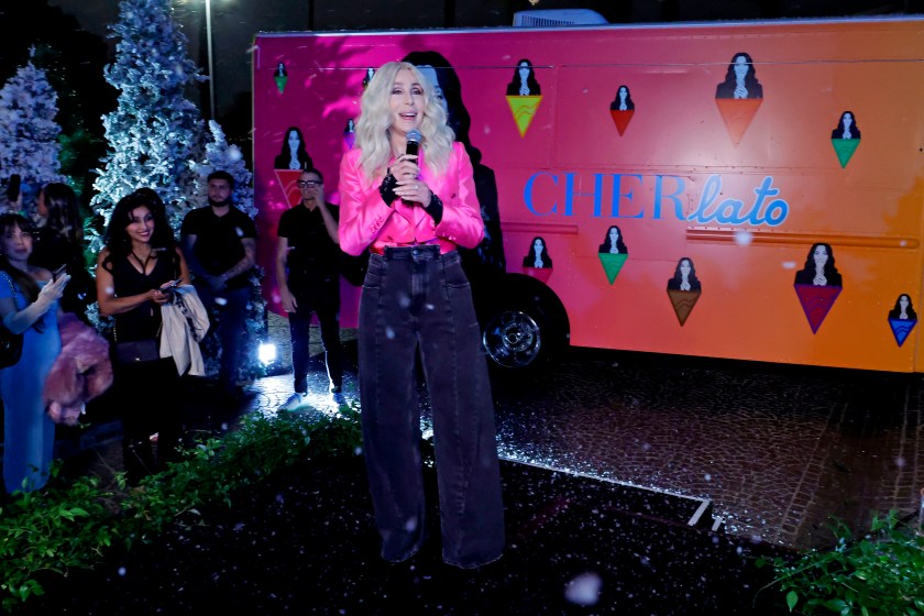SANTA MONICA, CALIFORNIA - OCTOBER 24: Cher attends Cher's Gelato Truck "Cherlato" Hosts Christmas Came Early Event coinciding with the release of Cher's Holiday Album "Christmas" at The Bungalow on October 24, 2023 in Santa Monica, California.