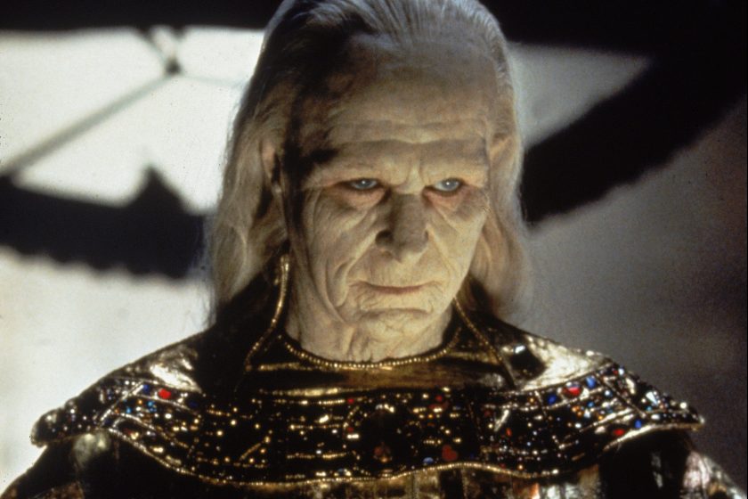 British actor Gary Oldman, very heavily made up and dressed in a metallic. jewel-encrusted cape, gestures menacingly in a scene from the film 'Bram Stoker's Dracula,' directed by Francis Ford Coppola, California, 1992.
