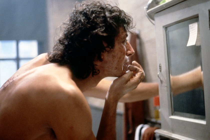 American actor Jeff Goldblum on the set of The Fly, directed by David Cronenberg. 
