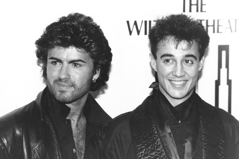Wham 1985 George Michael and Andrew Ridgely at the Music File Photos 1980's in Los Angeles, California 