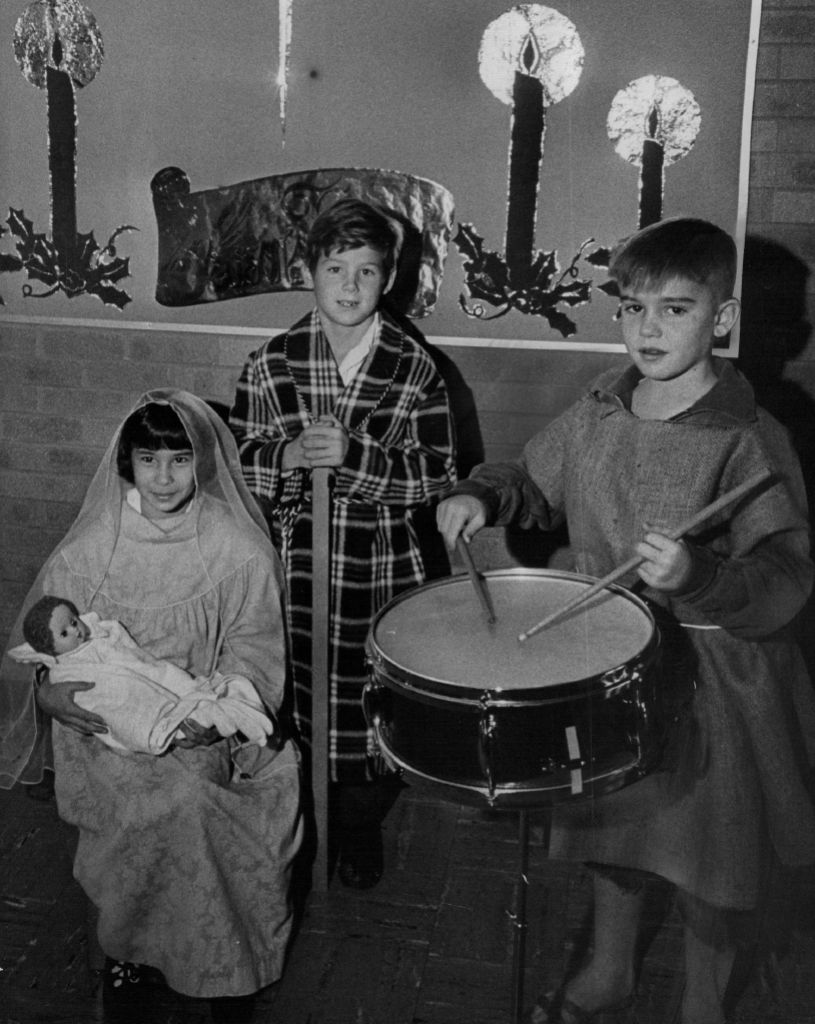 Students perform in a scene from the Christmas play, "The Littie Drummer Boy," 1965.