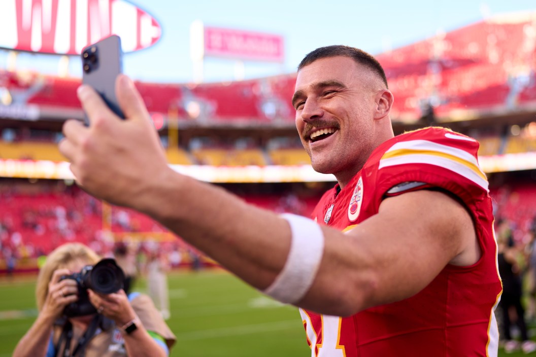 KANSAS CITY, MO - SEPTEMBER 24: Travis Kelce #87 of the Kansas City Chiefs celebrates after defeating the Chicago Bears at GEHA Field at Arrowhead Stadium on September 24, 2023 in Kansas City, Missouri.