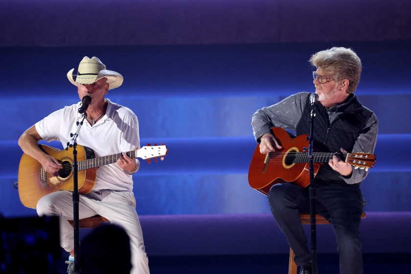 NASHVILLE, TENNESSEE - NOVEMBER 08: EDITORIAL USE ONLY (L-R) Kenny Chesney and Mac McAnally perform onstage during the 57th Annual CMA Awards at Bridgestone Arena on November 08, 2023 in Nashville, Tennessee.