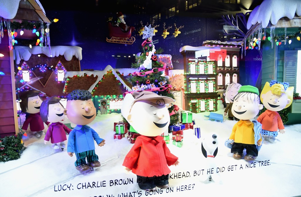 A Peanuts inspired Christmas window at the Macy's Presents "It's The Great Window Unveiling, Charlie Brown" at Macy's Herald Square on November 20, 2015.