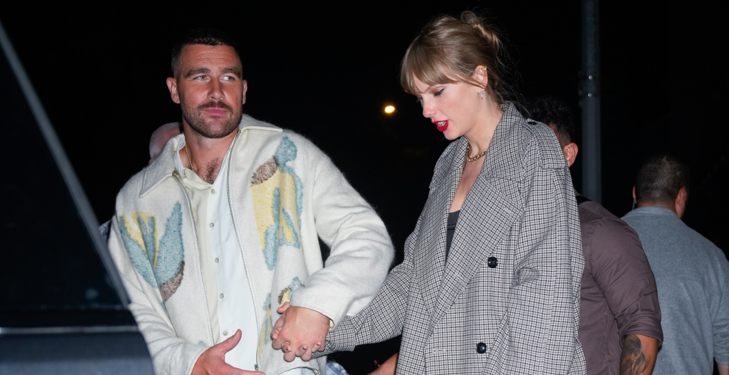 Travis Kelce and Taylor Swift depart the SNL Afterparty on October 15, 2023 in New York City.